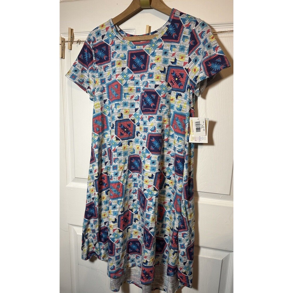 LuLaRoe Carly Dress XS Gray Multi Aztec Hi-Low Hem Everyday Casual Comfort NWT